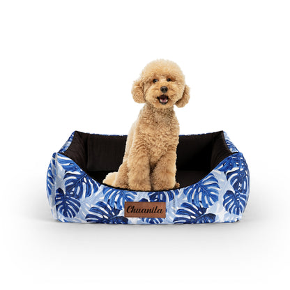 Tropical Leaves Indigo Personalized Lounge Dog Bed With Entrance