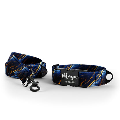 Personalisiertes Set aus Hundehalsband und Leine in Blau-Gold-Marmor-Azurblau