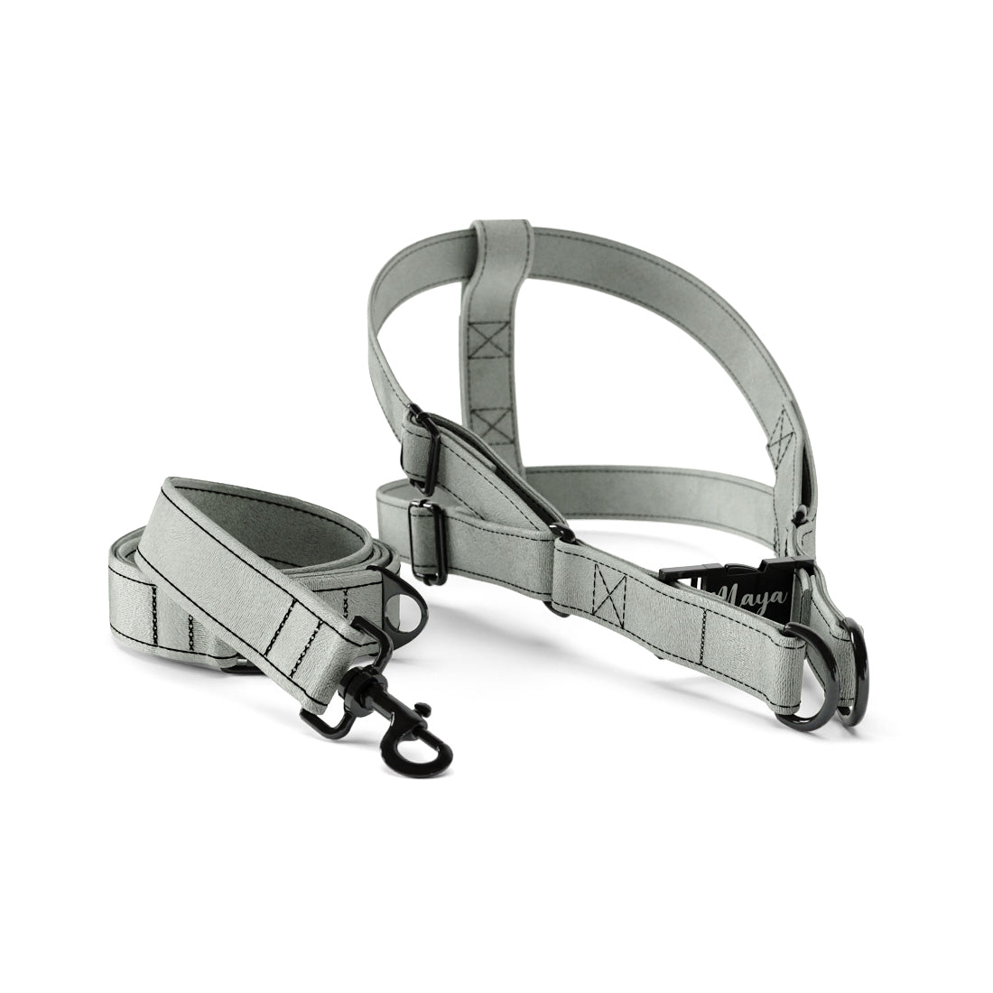 Velvet Look Silver Personalized Dog Belt Harness And Leash Set