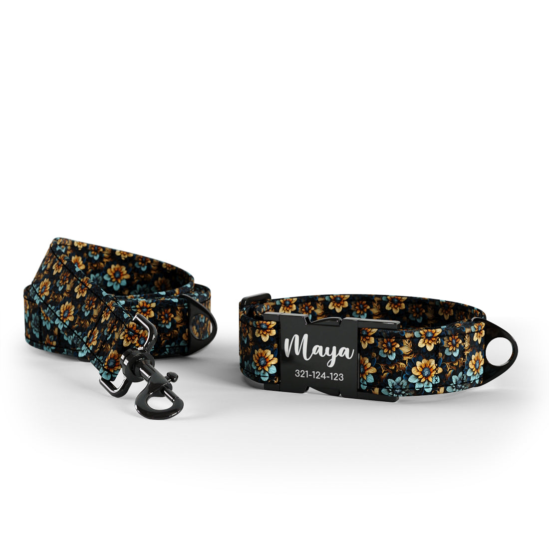 Painted Flowers Opal Personalized Dog Collar And Leash Set