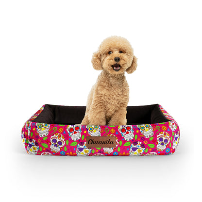 Mexico Skulls Cerise Personalized Lounge Dog Bed With Sides