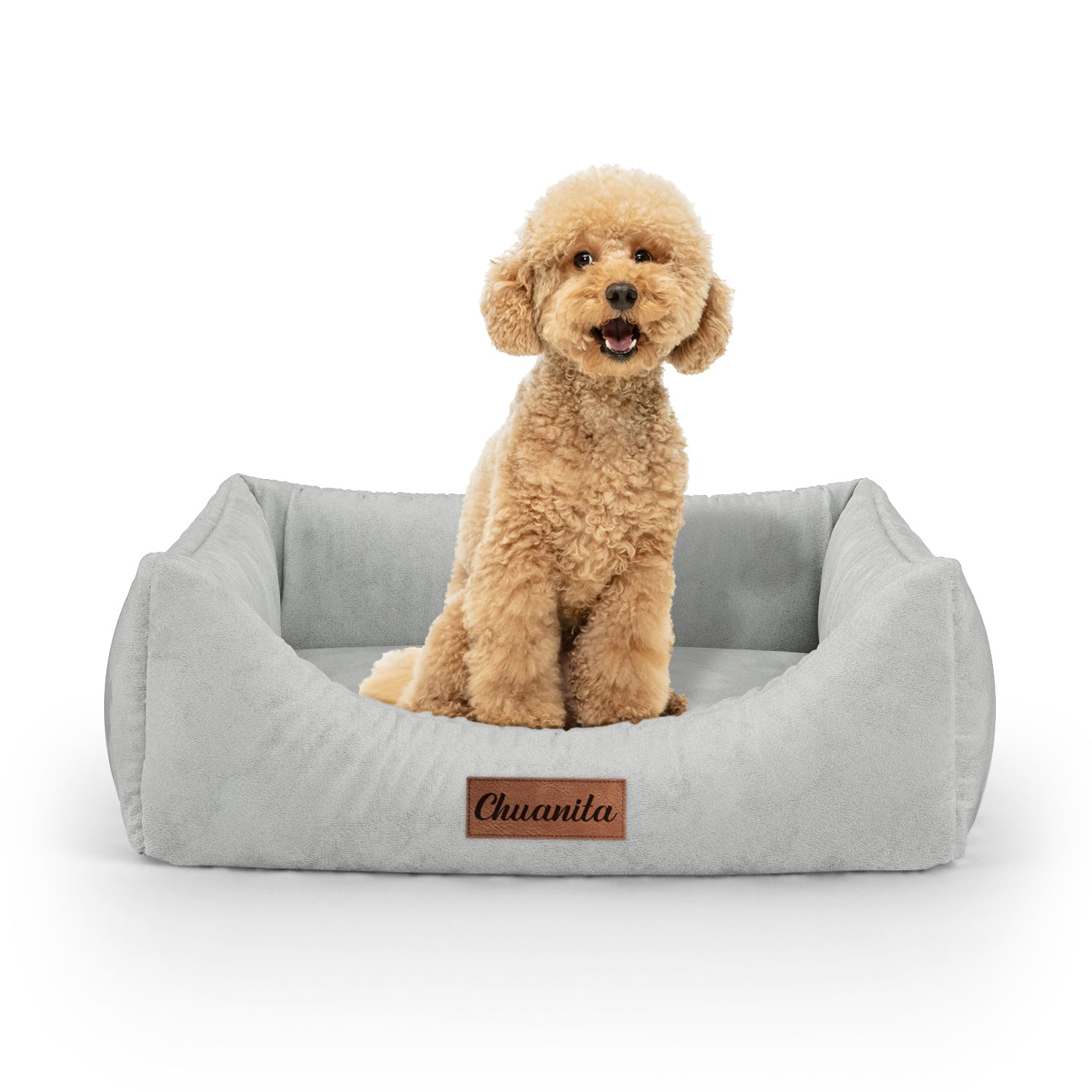 Luxury Velvet Look Silver Personalized Lounge Dog Bed With Entrance