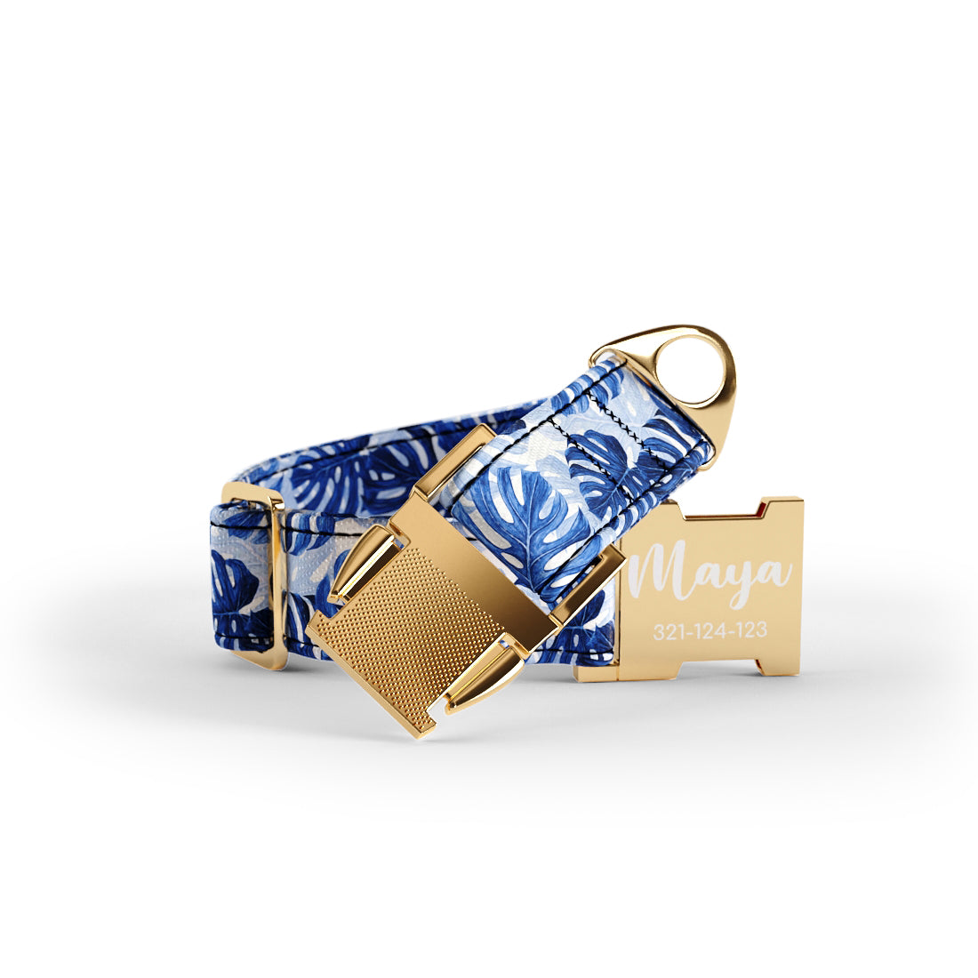 Tropical Leaves Indigo Personalized Dog Collar