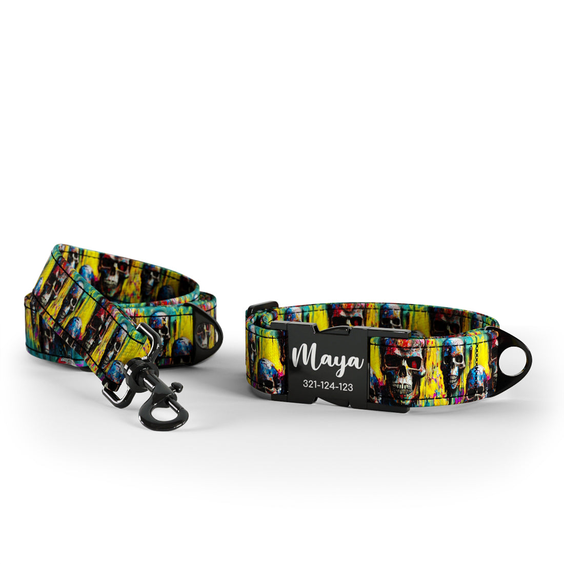 Graffity Skulls Amber Personalized Dog Collar And Leash Set