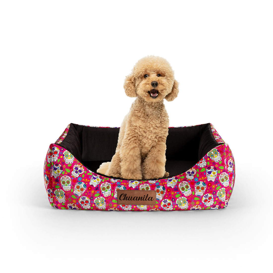 Mexico Skulls Cerise Personalized Lounge Dog Bed With Entrance