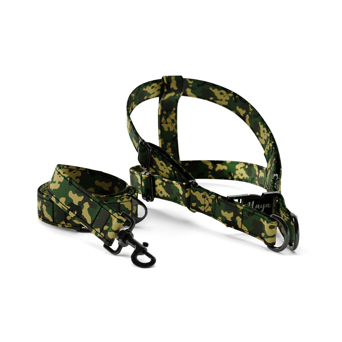 Camoflage Cadmium Personalized Dog Fashion Belt Harness And Leash Set