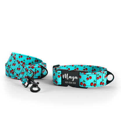 Cherries Mint Personalized Dog Collar And Leash Set