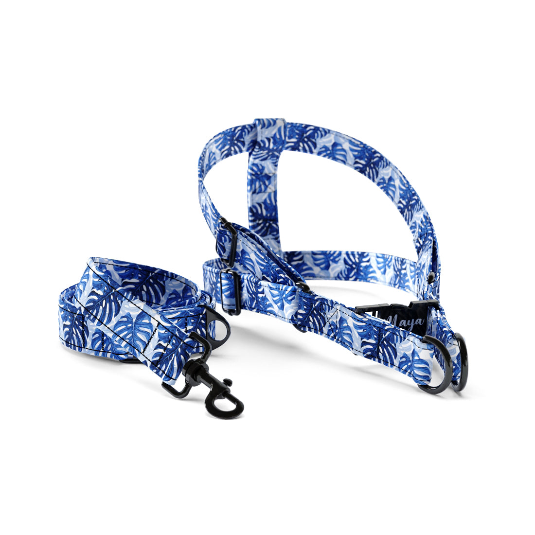 Tropical Leaves Indigo Personalized Dog Fashion Belt Harness And Leash Set