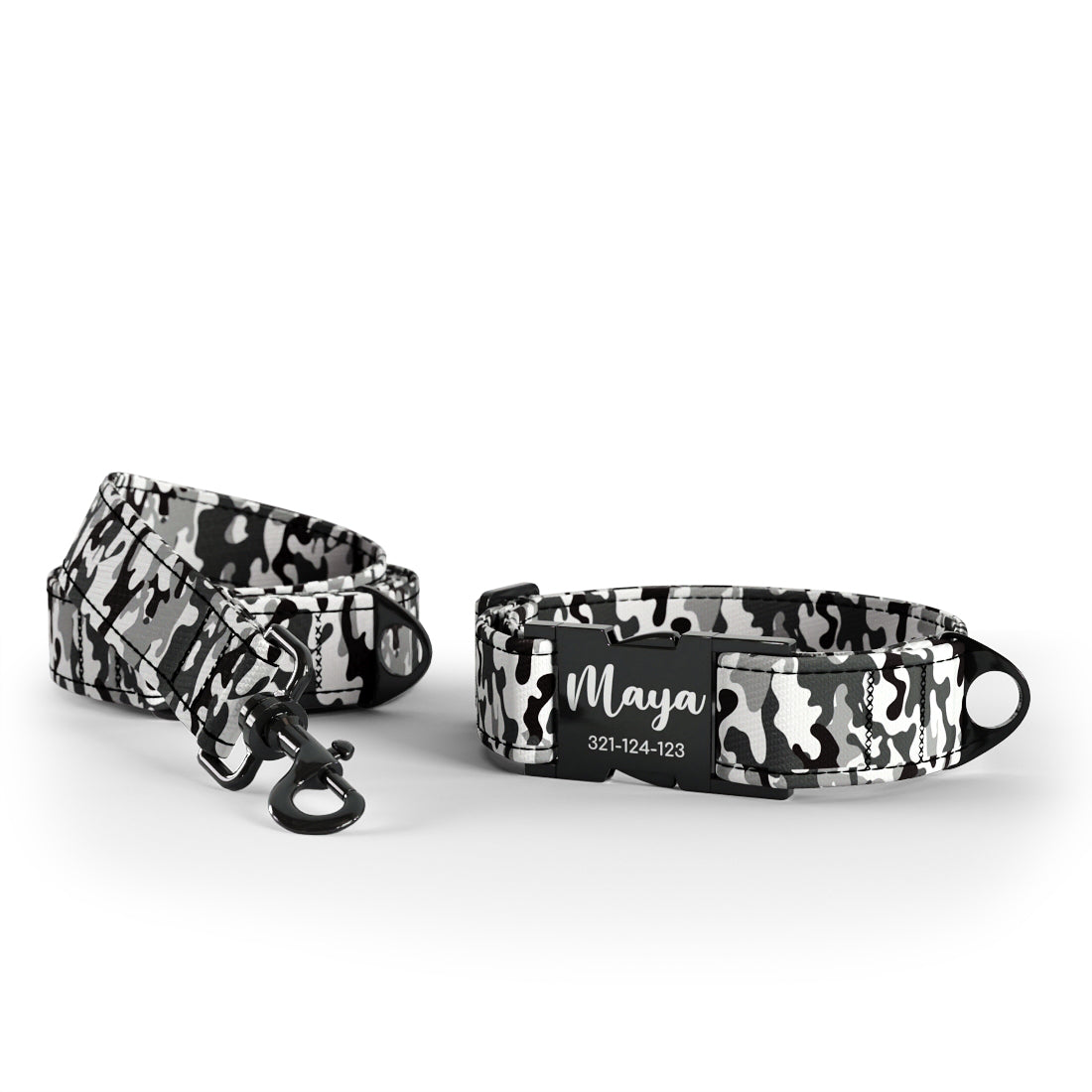 Camoflage Winter Personalisiertes Hundehalsband und Leine-Set