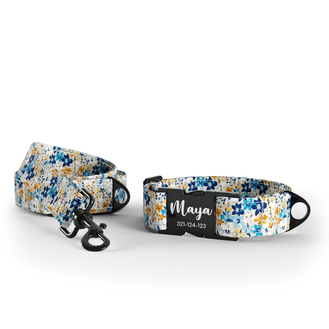 Personalisiertes Hundehalsband mit Liberty-Blumen, Blaugrün