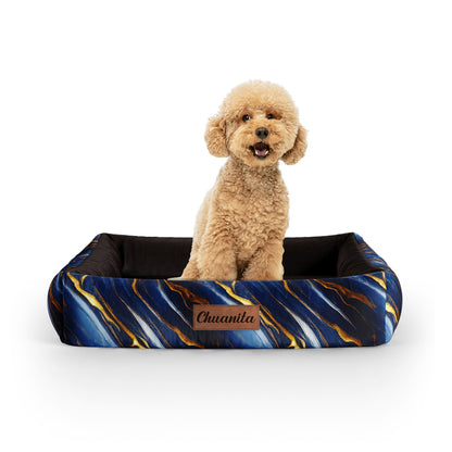 Blue And Gold Marble Azure Personalized Lounge Dog Bed With Sides