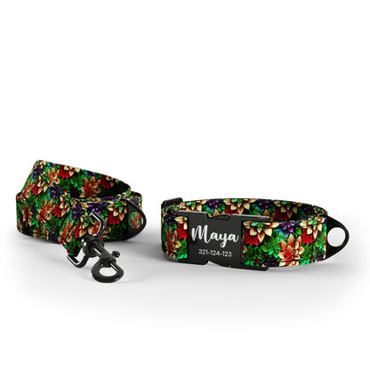 Garden Flowers Malachite Personalized Dog Collar