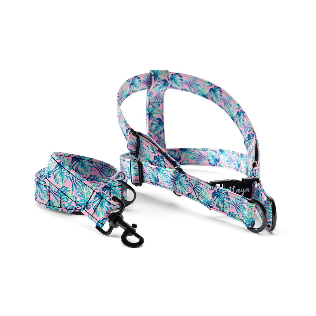 Tropical Leaves Cermation Personalized Dog Fashion Belt Harness And Leash Set